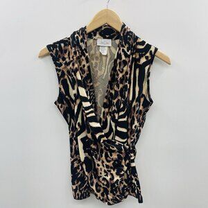 Jon Den Womens Size Small Animal Print Sleeveless Faux Wrap Blouse in Black 417